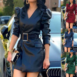 Women's temperament PU leather V-neck bubble sleeve slim fit cross-border dress with belt