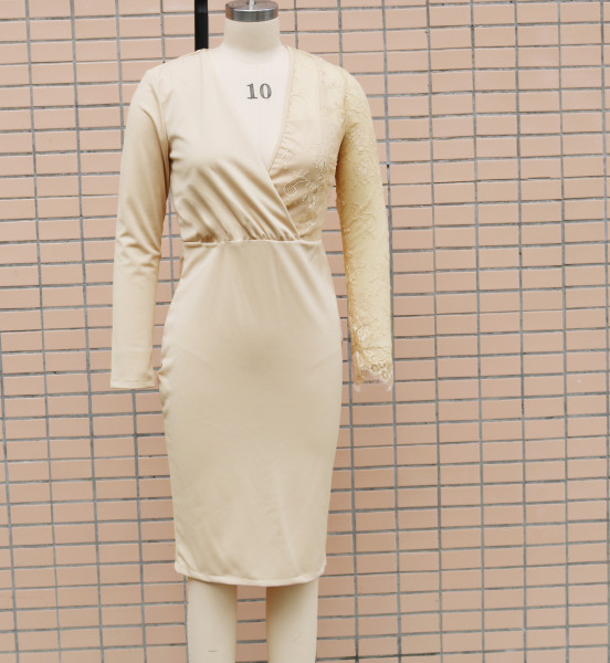 Deep V-neck long sleeved lace patchwork slim fit wrap hip dress
