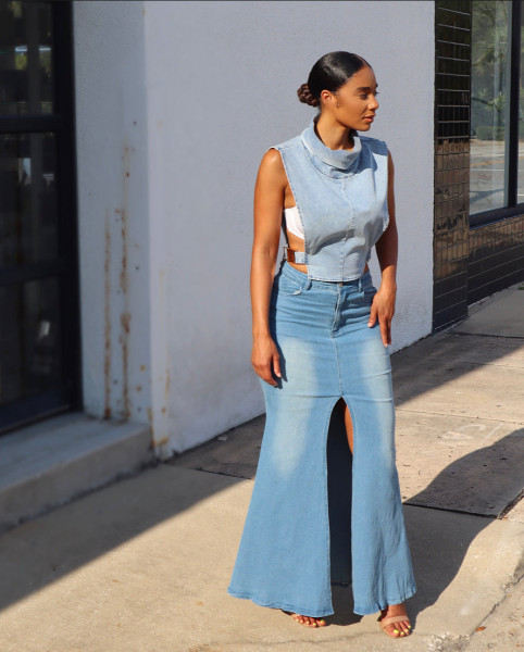 Elastic split denim skirt long skirt