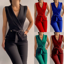 Twist button V-neck sleeveless slim fit jumpsuit