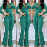Button lapel micro flared pants, work bag jumpsuit with belt included