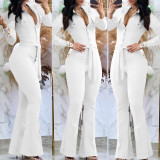 Button lapel micro flared pants, work bag jumpsuit with belt included