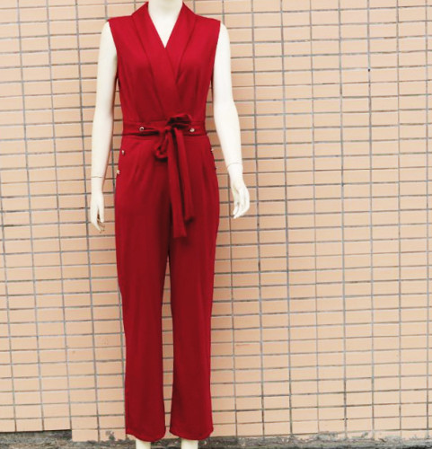Twist button V-neck sleeveless slim fit jumpsuit