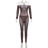 One shoulder mesh printed jumpsuit with high waisted pants set