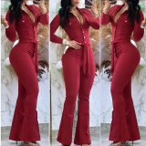 Button lapel micro flared pants, work bag jumpsuit with belt included
