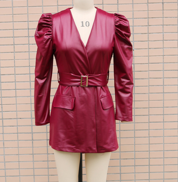 Women's temperament PU leather V-neck bubble sleeve slim fit cross-border dress with belt