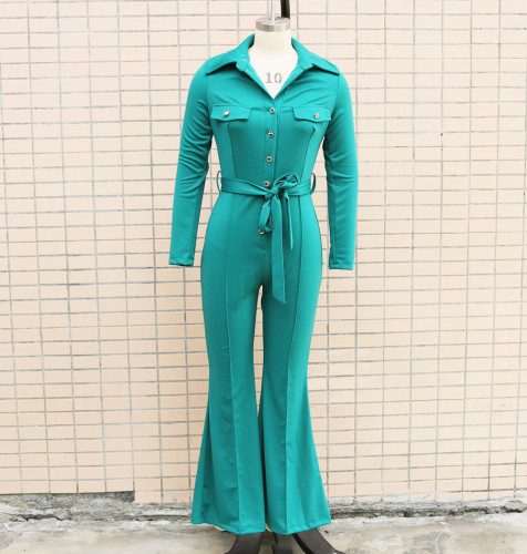 Button lapel micro flared pants, work bag jumpsuit with belt included