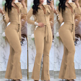 Button lapel micro flared pants, work bag jumpsuit with belt included