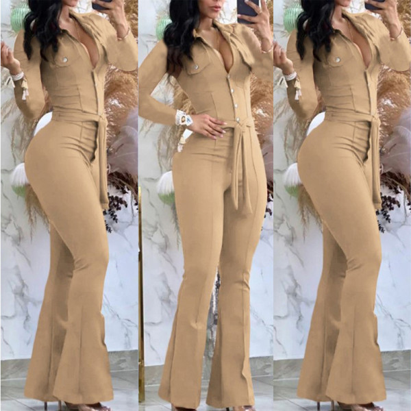 Button lapel micro flared pants, work bag jumpsuit with belt included