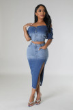 Elastic denim skirt with split gradient color