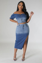 Elastic denim skirt with split gradient color