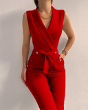Twist button V-neck sleeveless slim fit jumpsuit