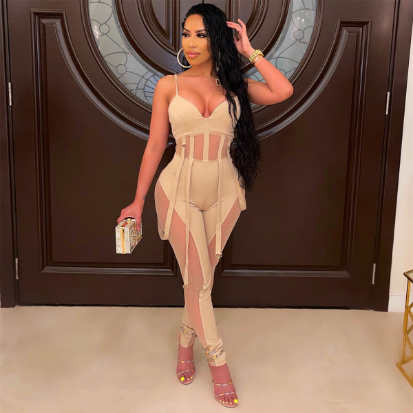 Mesh perspective sexy camisole jumpsuit pants OS6161