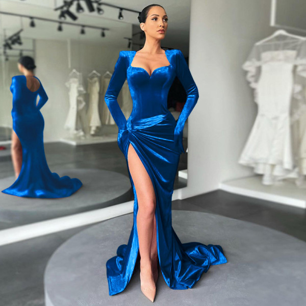 Slim fit, sexy, chest revealing, high waisted gloves, Korean velvet dress, dress