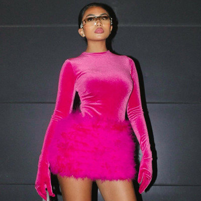 Round neck long sleeved jumpsuit, slim fit plush skirt set