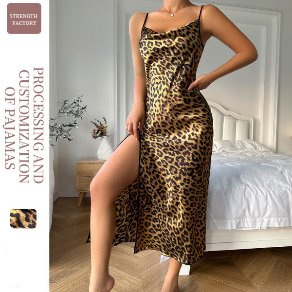 Breathable imitation silk sexy leopard print pajamas, women's backless slit suspender nightgown