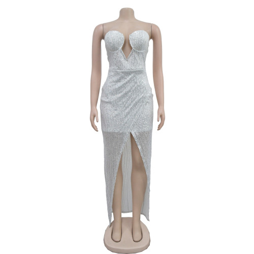 Women's solid color sexy sequin backless long dress dress