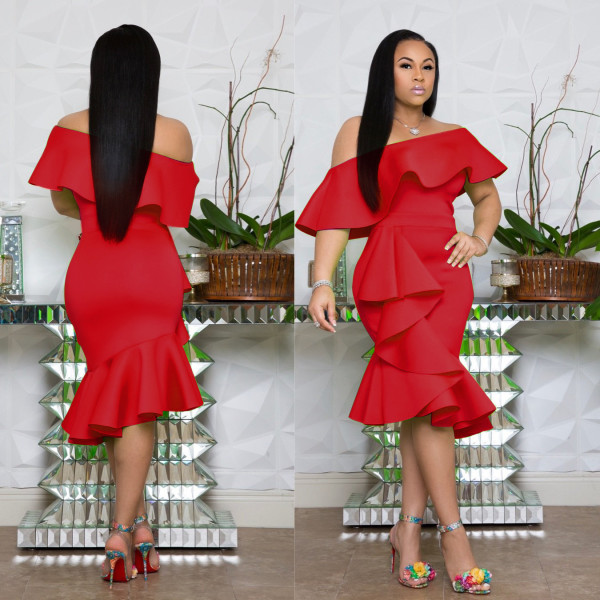 Wrapped chest ruffled collar irregular dress dress