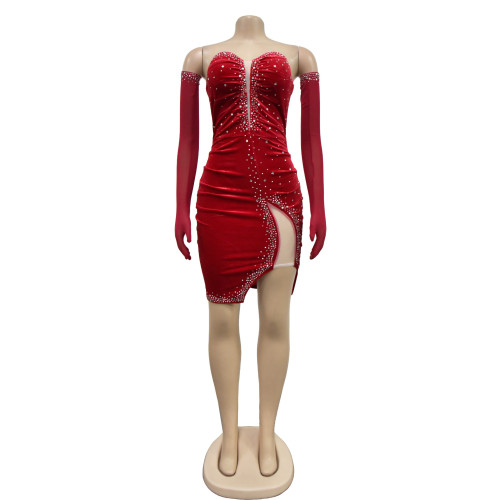 Women's solid color velvet sexy pleated short skirt dress
