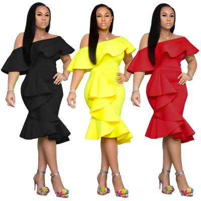 Wrapped chest ruffled collar irregular dress dress