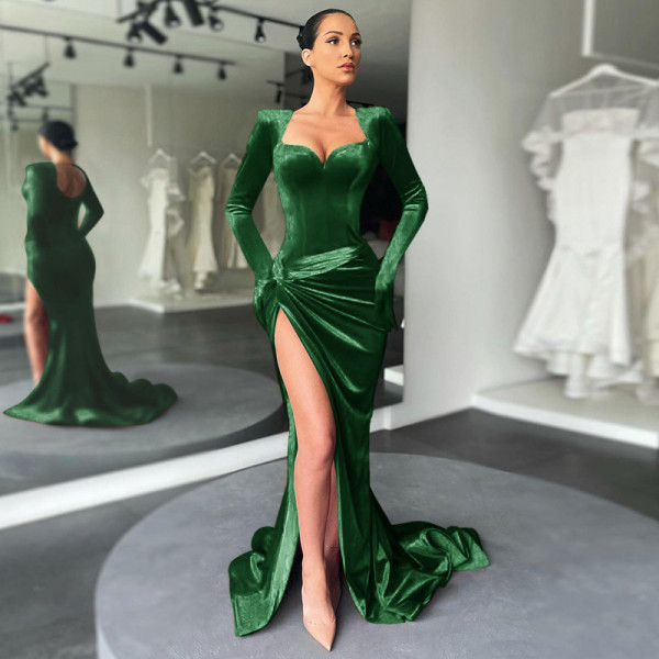 Slim fit, sexy, chest revealing, high waisted gloves, Korean velvet dress, dress