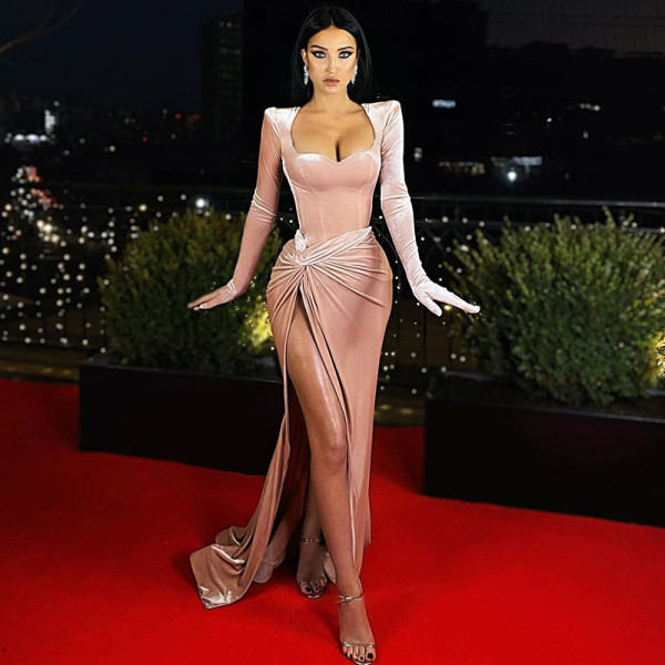 Slim fit, sexy, chest revealing, high waisted gloves, Korean velvet dress, dress