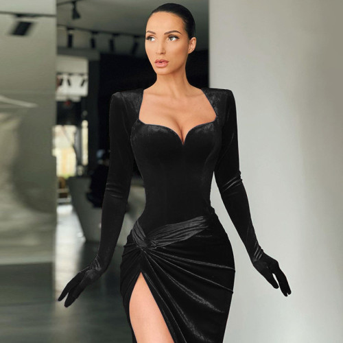 Slim fit, sexy, chest revealing, high waisted gloves, Korean velvet dress, dress