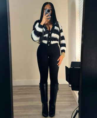 Black and white striped single breasted cardigan sweater