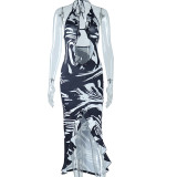Printed Sexy Wrapped Chest Hanging Neck Wrapped Hip Split Long Casual Style Dress
