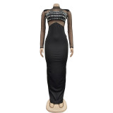 Women's solid color mesh hot diamond long sleeved dress