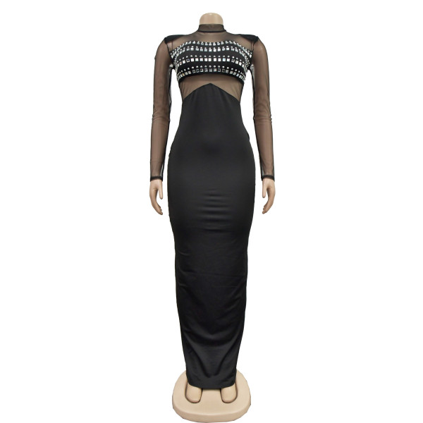 Women's solid color mesh hot diamond long sleeved dress