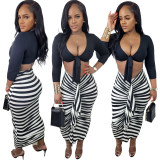 Long sleeved strappy cardigan striped black ear edge ruffle skirt set