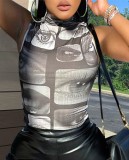 Retro printed short top vest