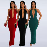 Deep V-neck large open back elastic wrap buttocks slit dress