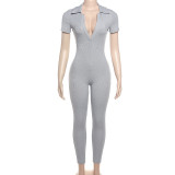 Women's short sleeved low neck slim fit high waist sports jumpsuit