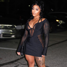Deep V-neck dress with mesh splicing, long sleeved buttocks wrapped skirt, pullover skirt