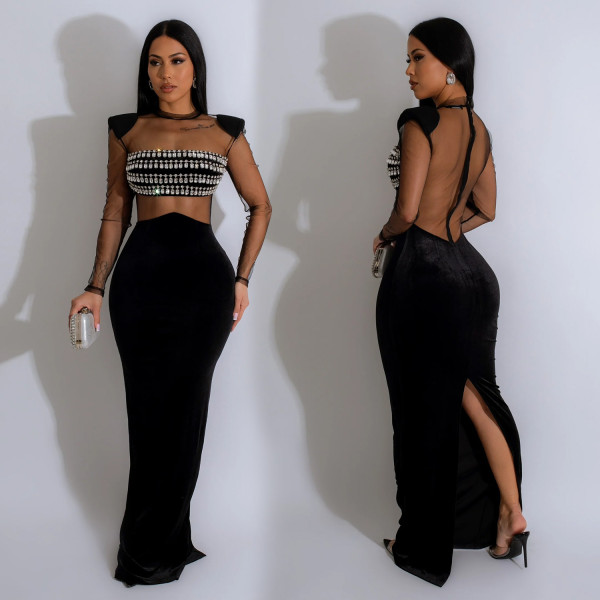 Women's solid color mesh hot diamond long sleeved dress