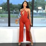 Fashionable women's jumpsuit with lace up pit leg pants and split legs