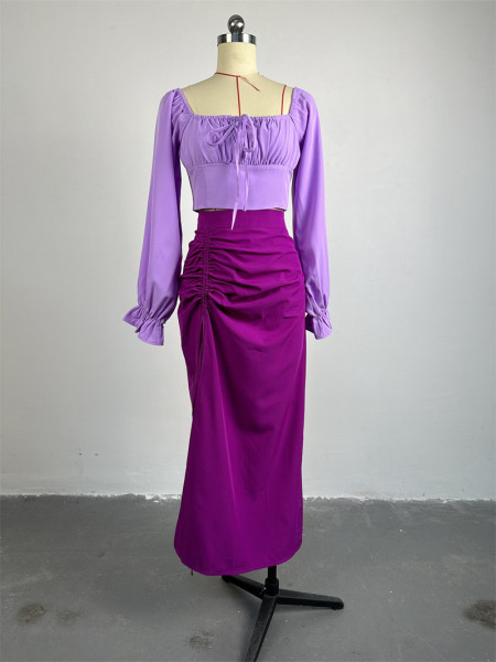 Square necked flared sleeve short top with split half skirt