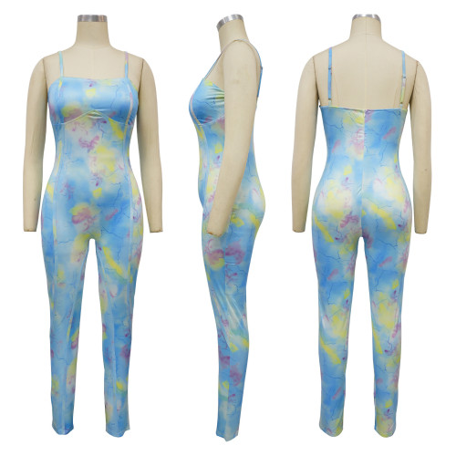 Women's sexy suspender backless printed jumpsuit