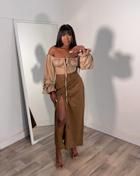Square necked flared sleeve short top with split half skirt
