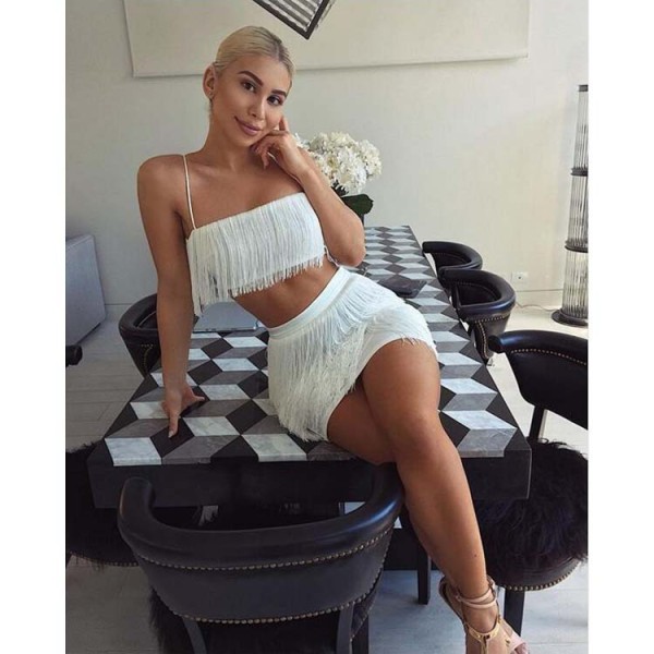 Sexy nightclub suspender wrap hip skirt tassel set short skirt