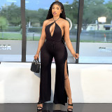 Fashionable women's jumpsuit with lace up pit leg pants and split legs