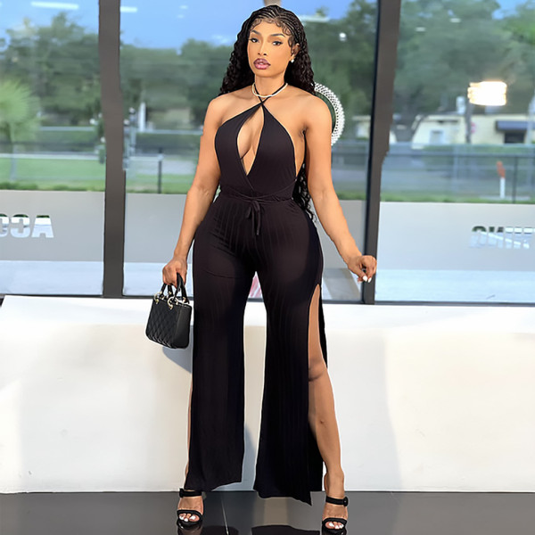 Fashionable women's jumpsuit with lace up pit leg pants and split legs
