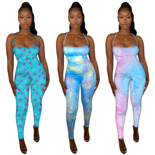 Women's sexy suspender backless printed jumpsuit