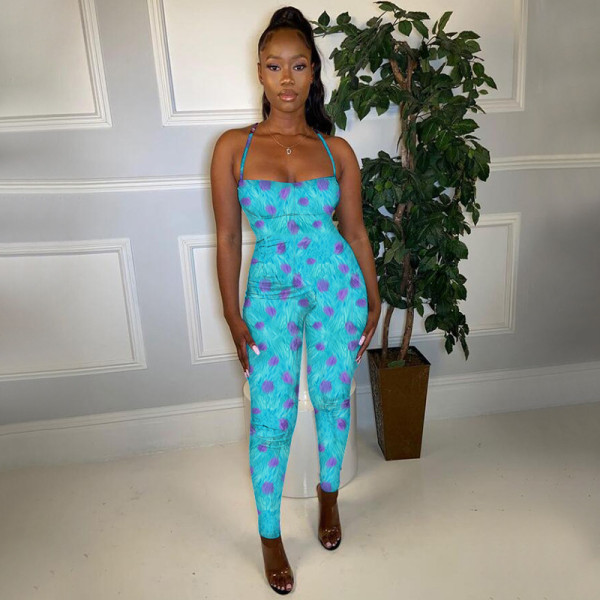 Women's sexy suspender backless printed jumpsuit