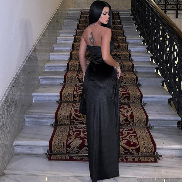 Sexy slit slim fit pleated strapless dress