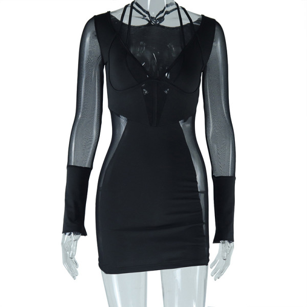 Deep V-neck dress with mesh splicing, long sleeved buttocks wrapped skirt, pullover skirt