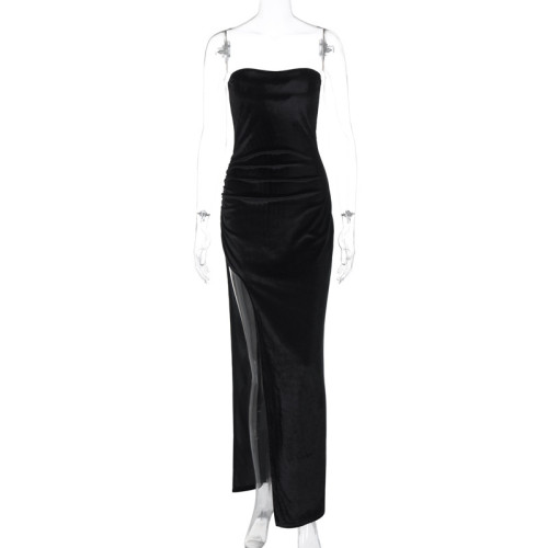 Sexy slit slim fit pleated strapless dress
