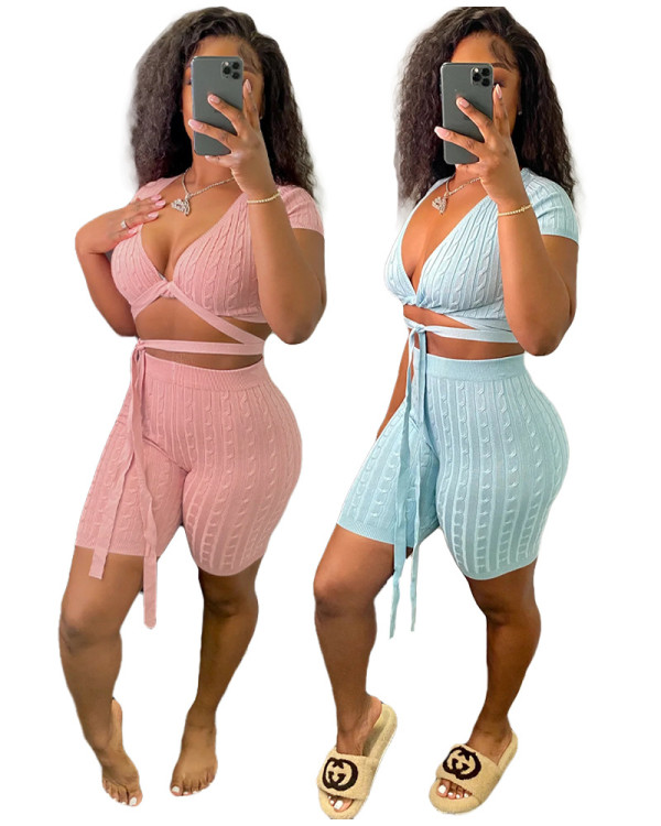 Women's solid color strapping tight thread sexy set